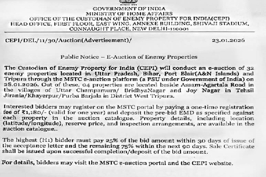 Four Enemy Properties in Tripura Listed for Government E-Auction