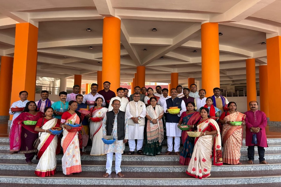 Ratan Lal Nath offers prayers at Mata Bari with Mohanpur public representatives